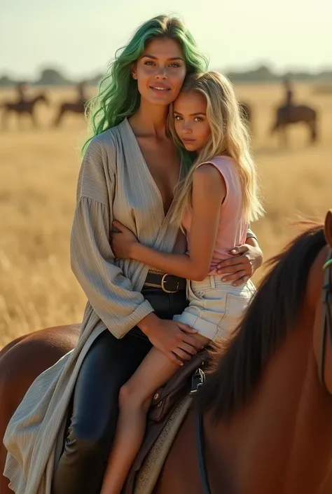 A 30-year-old woman with vibrant, silky green hair and a gentle smile, donning a worn, silver vertical stripes satin robe that falls below her knees, paired with fitted black pants, sits confidently on the back of a majestic horse, hugs tightly passionatel...