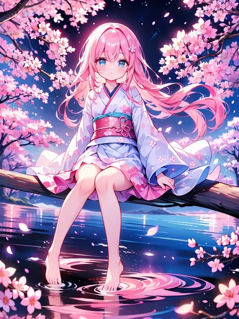 1girl, pretty face、Baby Face、((( best composition、 top quality、 greatest masterpiece、 super detailed、 high definition)))、cherry blossomsの妖精、kimono、🌸、cherry blossoms吹雪、cherry blossomsの木の上に座っている、barefoot、 pale pink hair color、 straight long hair、Sitting in t...