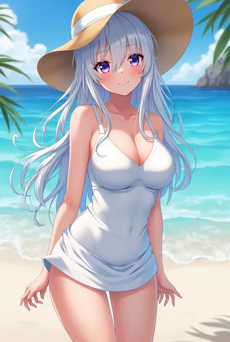  better quality ,  masterpiece , , ,,  big breasts,  white hair, low braids,  purple eyes, yukine chris, thin pigtails,, playa, Mar,  white dress , white skirt,  One-Piece White Swimsuit,  straw hat ,  (((shy))), (happy), Leaning Towards Adela 