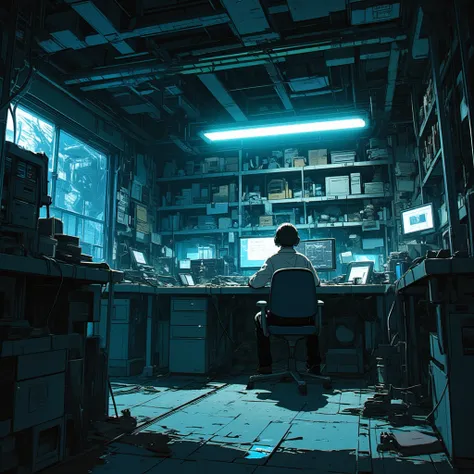 There is a room with a desk., shelf, There are also chairs.,  Background Art , cyberpunk setting,  sci-fi room ,  cyberpunk vibe,   like a cyberpunk workshop,  Cyberpunk Basement ,  cyberpunk vibe,  cyberpunk interior , Mysterious Laboratory,  cyberpunk ar...