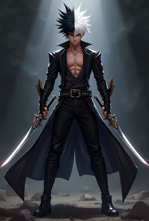 A guy with half white and half black hair with spike hair and hes holding two sword and standing like a badass person anime