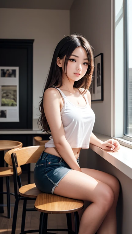 Lighting Conditions
The lighting appears to be natural, likely coming from sunlight streaming through the large windows. The light creates strong contrasts and casts shadows, highlighting the models face and creating a warm, summery atmosphere.

### Models...