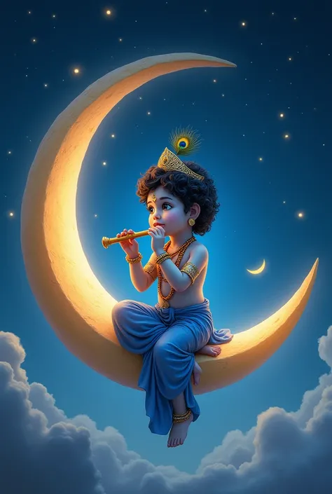 Krishana  sitting on a large crescent moon、Full stars in the night sky 、 cute krishana sitting、 blue long dress and peacock wings head hand flute