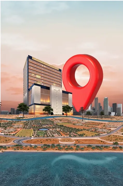 A modern, multi-story building with a glass facade and a red pin above it, symbolizing location. The building is set against a backdrop of a cityscape with skyscrapers and a sunset sky. The foreground features a detailed map with roads, parks, and a body o...