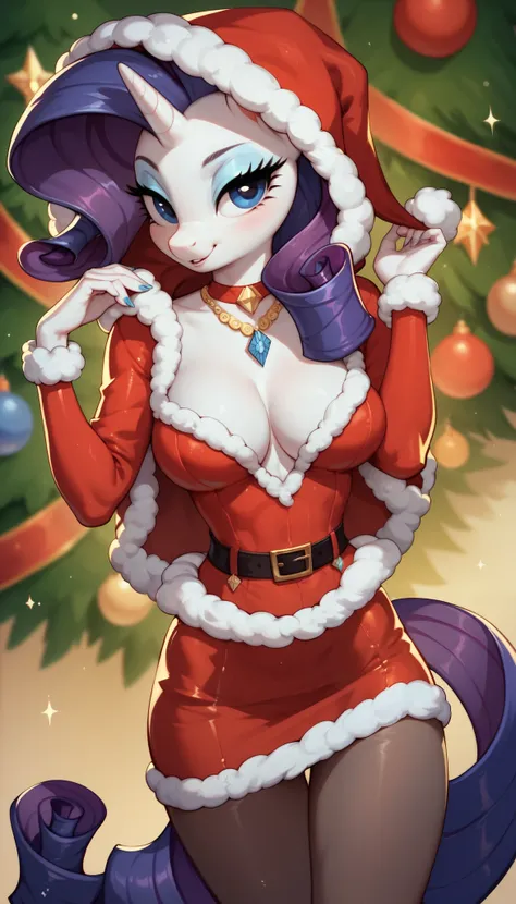 score_9, score_8_up, score_7_up, Rarity, mlp, anthro, 1girl, purple eyes, solo, two curly top hair with hair strands on the side, tight body suit pantyhose, slim breasts, cleavage, jewellery, 1girl, solo, Christmas, (hood with white fur), skirt