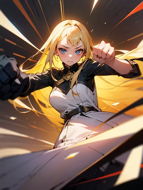 intricate detail, vanishing point, 1girl, blonde hairs, solo, Throwing a fist at the viewer, Long Hair, 