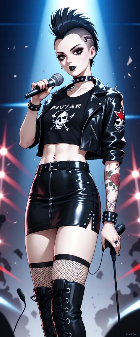 
Young woman, early 20s, slim athletic build, pale skin, long jet-black mohawk, sharp facial features, heavy gothic makeup, multiple facial piercings, spiked leather collar, torn black band t-shirt, black leather jacket with studs, ripped fishnet stockings...