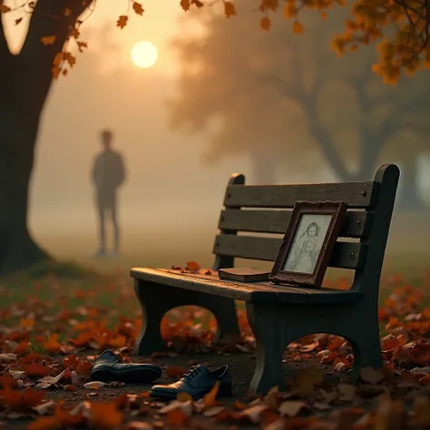 Create a cinematic depiction of the theme Because one day only memories will remain. The image shows an old wooden bench in a quiet park during autumn. On the bench lies a photo frame of a family or friends, with dried leaves scattered around. The backgrou...