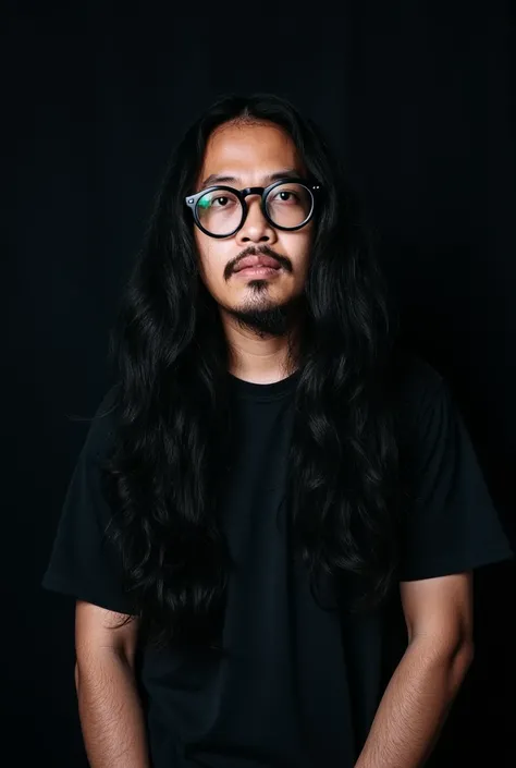 ( high detail,  Photorealistic:1.2),  Close-up photo of a male rock singer, Long hair wearing glasses , Black hair,  wearing a black T-shirt ,  stands confidently in a professional photography studio , Black background, Studio light kit ,  somber atmospher...