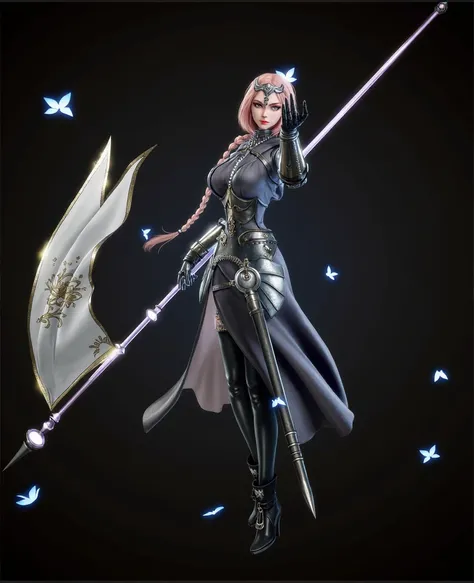 A female warrior, reminiscent of a paladin or knight, hovers slightly above the ground in a dynamic pose. Her right arm is outstretched, palm open, as if casting a spell or commanding. She wields a halberd-like weapon adorned with a banner, and several glo...