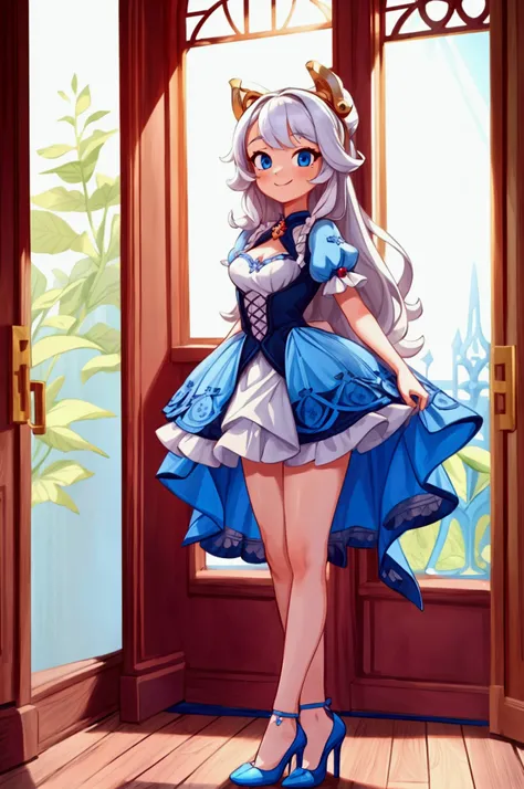 (Masterpiece, best quality), 1 girl, white medium long hair, blue eyes, standing indoors with intricate details and sunlight, red and blue frilled dress with short neckline, black heels, sweet smile, sexy pose, coquette, beautiful legs, mature body, gorgeo...