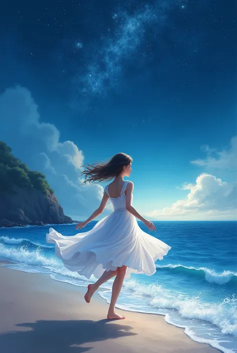 A girl see sky in star , white gown dress , and run in seaside, 