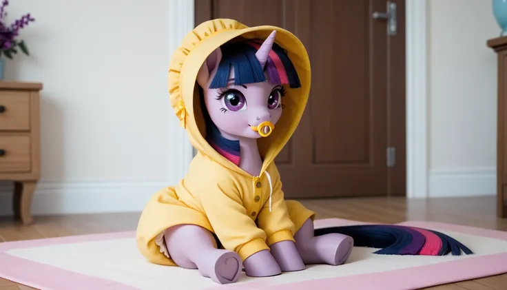 pony unicorn alone ,  Twilight Sparkle, filly , the mane is assembled in a yellow bonnet ,  dark blue tail with a purple strand and a pink strand,  purple eyes, sits in the room on a soft play mat, dressed in a yellow onesie, yellow pacifier in mouth, solo...