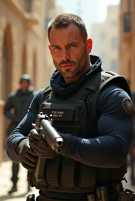 A man who looks like Gerard Butler is dressed as an undercover cop, ready to go to work, wearing soft armor and carrying a weapon. Portrait of him in the Middle East, taking hostages.