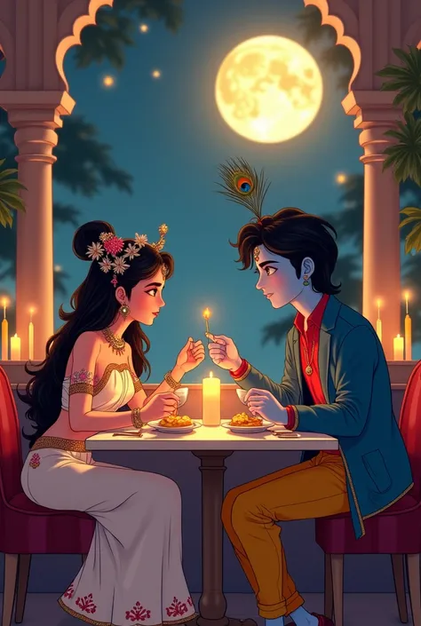 A anime inspired serene and luminous anime inspired modern scene of Radha and Krishna in a dinner date at a fancy restaurant, sitting at individual chairs, eating some foods and drinks.. Radha, with her characteristic golden-white aura, wearing an elegant ...