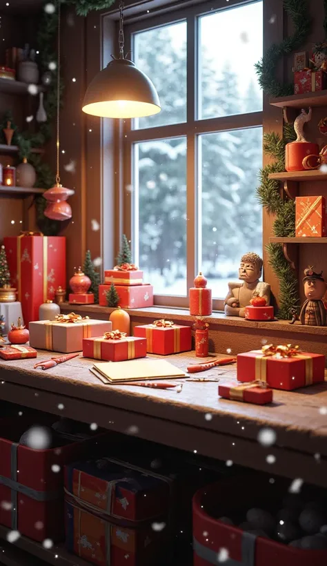 C4D modeling，OC rendering，Looking down from above， close-up， A C4D-style Christmas workshop scene ， with unwrapped gifts on the workbench，There are tools next to it ， Warm lighting，. The background is a Christmas workshop ， snowflakes falling gently outsid...