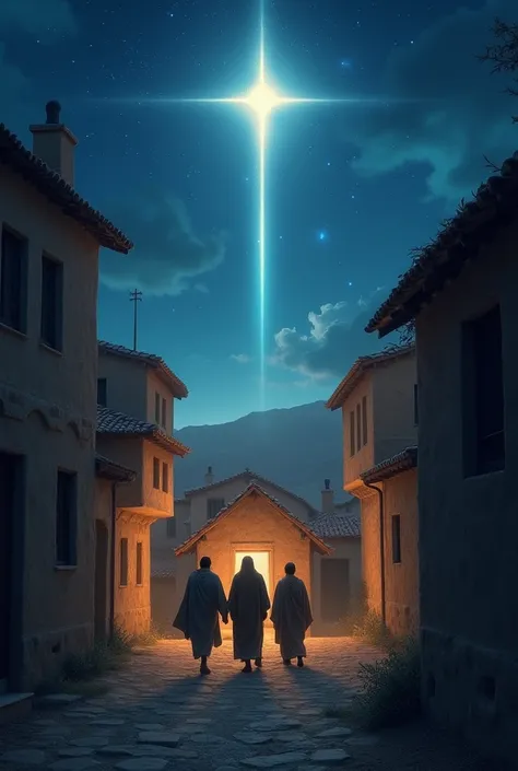 " The journey continues with the wise men arriving in a small city , Bethlehem.  The star shines directly on a modest house in the center of the scene,  as the wise men approach on foot . A cidade de Bethlehem parece importar,  with narrow streets and simp...