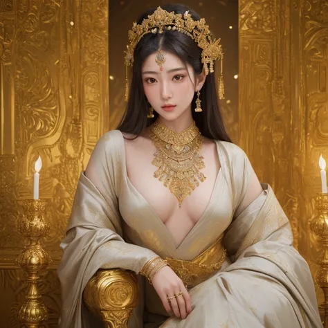 . The face of an Indian girl , White skin,  is an extremely realistic masterpiece. A highly detailed portrait of a beautiful girl in stunning gold armor.. baroque renaissance. In the forest, Center image, intricate, Elegant,  very carefully.  is trending o...