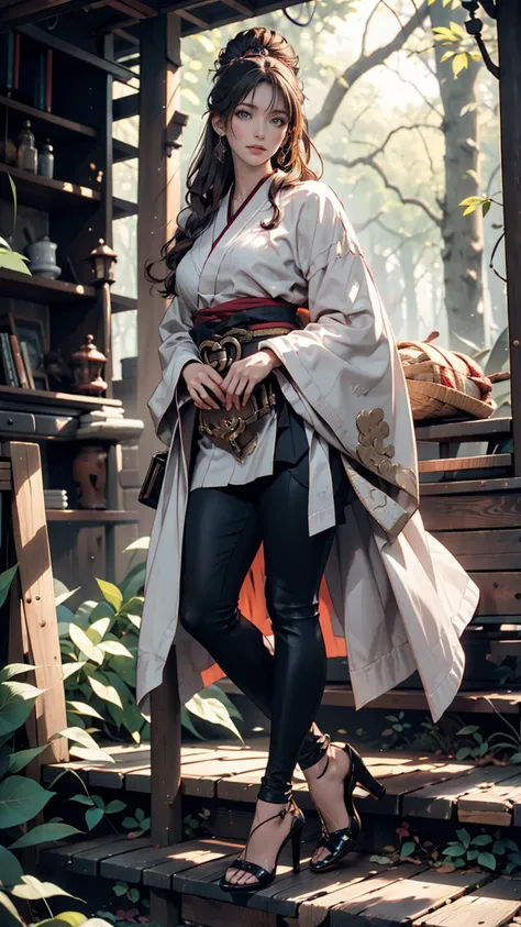 4K,  realistic ,  detailed, Theres a girl in the woods , She is a samurai, War Theme, Soft clothes,  long hair, Wearing leggings, Age 25, whole body, Im wearing Gucci stilettos