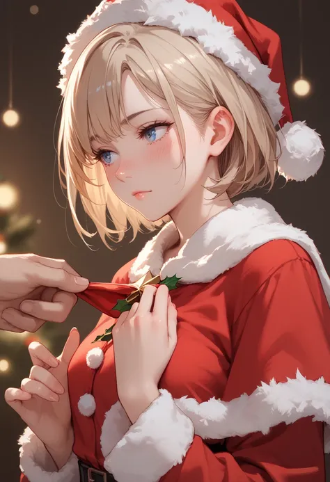 Side，blush，Side下を見， no background ， is transparent，Staring at Peni，Raise your hands，Two-handed nipple，Santa