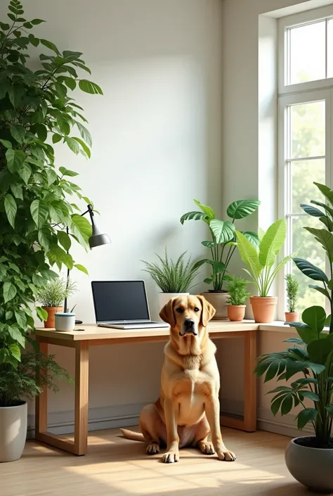 Modern home office desk with lots of plants and a dog next to it