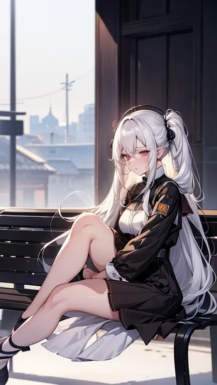 Anime girl with long white hair sitting on a bench ,  anime girl in a black dress, Perfect white hair girl, White Hair Girl,   Best Anime 4k Conachan Wallpaper  ,  anime girl auto  ,  I began to feel  , Girls Frontline Style, Loli Dress,  anime style. 8k, ...