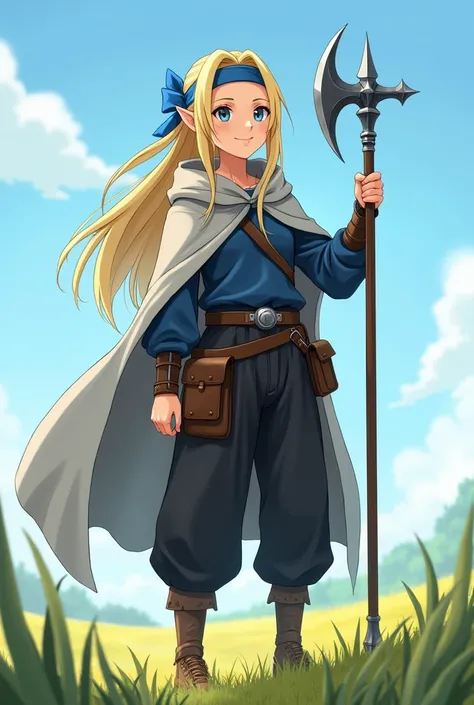 Anime style. Adventurer, half elf girl. 18 year old. Long lustrous blonde ponytail, blue headband, cheerful, adventurous expression. Bluish grey adventuring cloak, dark blue long sleeve tunic, leather toolbelt, black loose fitting martial arts pants. Holdi...