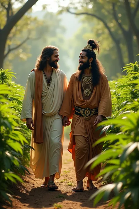 Jesus and lord shiva walking and smoking in the marijuna farm. And laugh together 