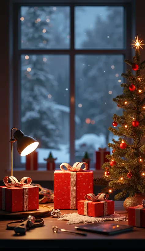 C4D modeling，OC rendering，Looking down from above， close-up， A C4D-style Christmas workshop scene ， with unwrapped gifts on the workbench，There are tools next to it ， Warm lighting，. The background is a Christmas workshop ， snowflakes falling gently outsid...