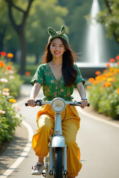 A beautiful Korean girl, long hair with a knitted ribbon headband, smiling at the camera, proportional fat body, wearing a green pussy bow shirt and bright yellow batik, wearing harem pants, wearing Jordan sneakers, wearing a womens Rolex watch, wearing a ...