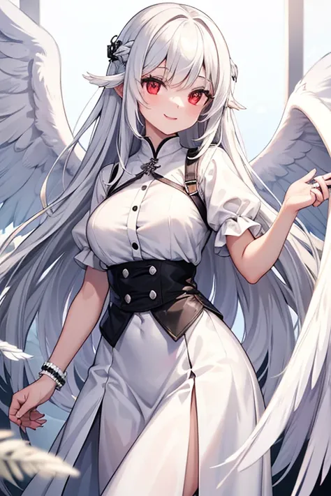  1 Beautiful Girl　Shows up to the waist　 long white hair　Red eyes　 bright smile　Angel Wings　 Ring of Angels 　Black and white clothes