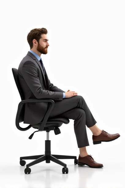 "A young professional male staff member sitting on a modern office chair with a spotless white background, dressed in a charcoal-gray formal suit with a light blue dress shirt, no tie, and brown oxford shoes. He has a trimmed beard and short wavy hair, pro...