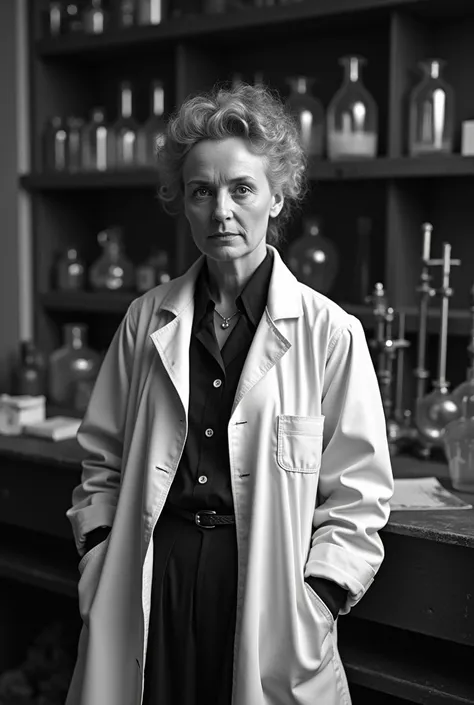 A black-and-white photo of Marie Curie in her lab