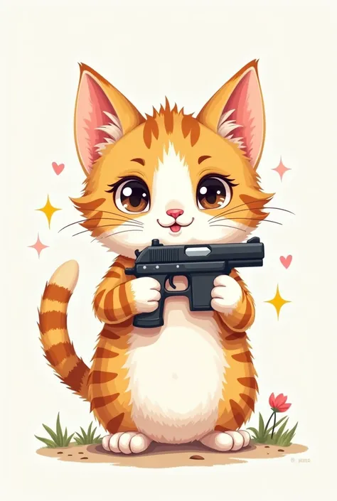 cute cat holding a small gun drawing