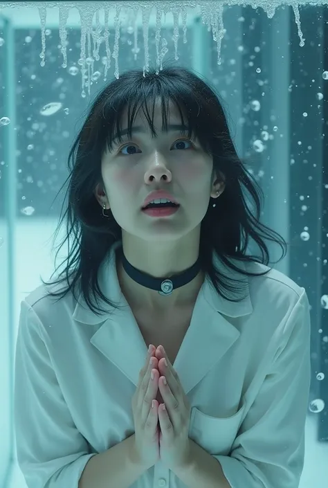 Realistic live action images, 4K, clear, high resolution, high quality.In a snowy field with sleet and rain, a Japanese high school student in a white blouse from her summer uniform is in a glass aquarium filled with ice.An iron collar.A film crew is filmi...