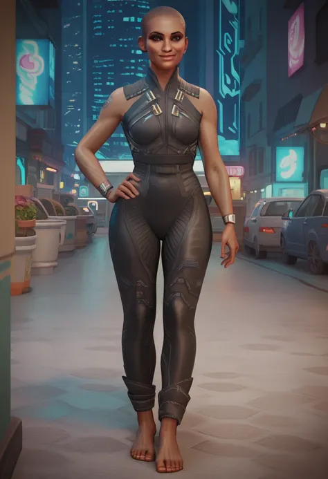 Screencap, score_9, score_8_up, score_7_up, score_6_up
CyberTBug, 1girl, dark skin, buzz cut, brown eyes, looking at viewer, night city during last light, full body, bare feets, toes, smiling, light smile, standing, posing, one hand on hip, 