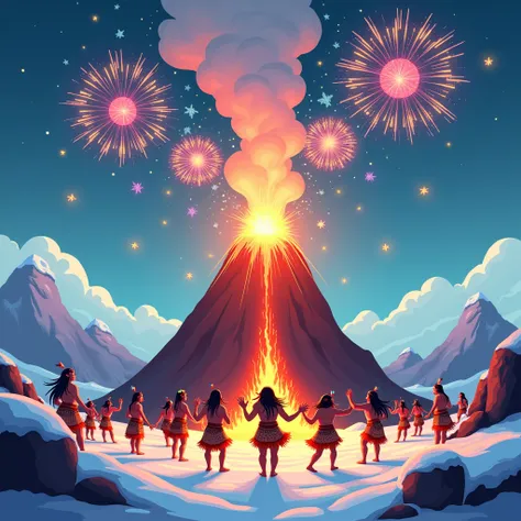  cartoon , Стиль  cartoon а,  The volcano Exudes smoke in the form of rings ,  and Fireworks fly out of the volcano Its snowing and ,  Snowy and beautiful backdrop where the aborigines walk Indians, dancing around the volcano ,  masterpiece , 8 k,  Complex...