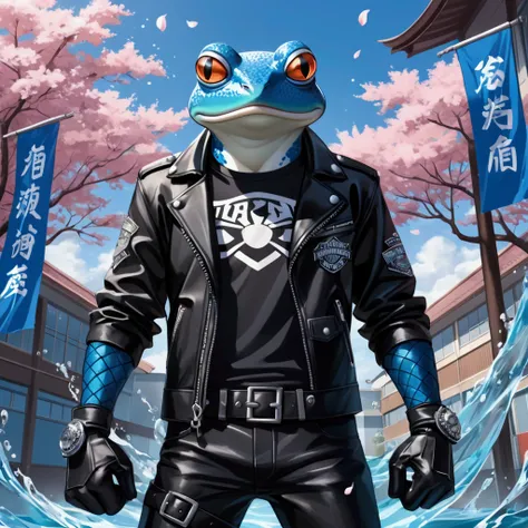 Closeup, An extremely badass anthropomorphic light blue and white bullfrog inspired by Satoru from Windbreaker anime, wearing an insanely cool anime-inspired black leather Harley Davidson biker jacket open, black shirt, black leather biker gloves, standing...