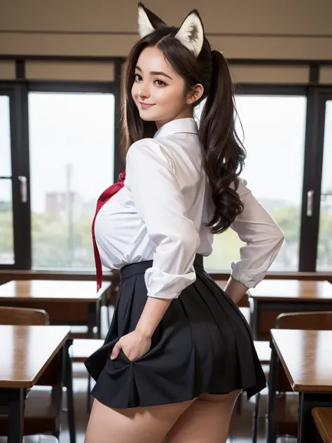 (( top quality, 8k)), ((masterpiece)), ( highest resolution),  perfect face, Woman with fox ears, Woman with a tail,  beautiful woman, Shes a college student , Filmed in a classroom, Only one tail, She has thick thighs, Her big fox tail ,  her fox tail is ...