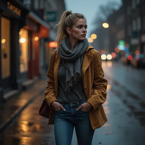  beautiful woman , blonde, dressed in comfortable denim pants,  a basic long-sleeved t-shirt and sneakers .  On those nights its very cold , so she also puts on ,  her cashmere jacket and a wide scarf that covers her neck and part of her face. Her long, bl...