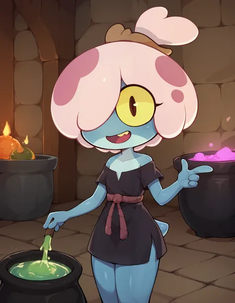 score_9, score_8_up, score_7_up, best quality, masterpiece, 1girl, solo, cute, m4ddi3fl0ur, frog girl, pink hair, hair over one eye, topknot, slit pupils, yellow sclera, blue skin with light blue chest, frog tail, four fingers, short, black dress, bottomle...
