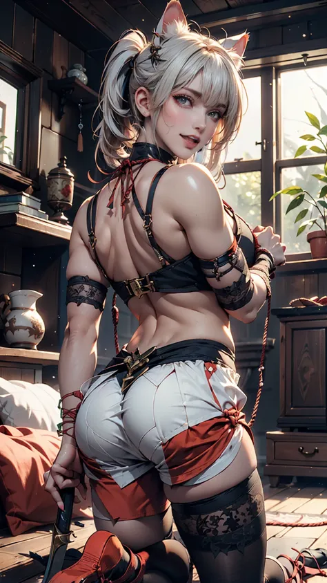  1 girl , Alone,  white-haired, Double Ponytail, cat ears, ,  open mouth, belly button, Nipples, Exposing, (Kneel: 1.3), bondage, (Binding), Tied up, (Back of the hand: 1.4), rope, Combine weapons, masterpiece