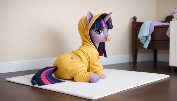 pony unicorn alone ,  Twilight Sparkle, filly , the mane is assembled in a yellow bonnet ,  dark blue tail with a purple strand and a pink strand,  purple eyes, sits in the room on a soft play mat, dressed in a yellow onesie, yellow pacifier in mouth, solo...