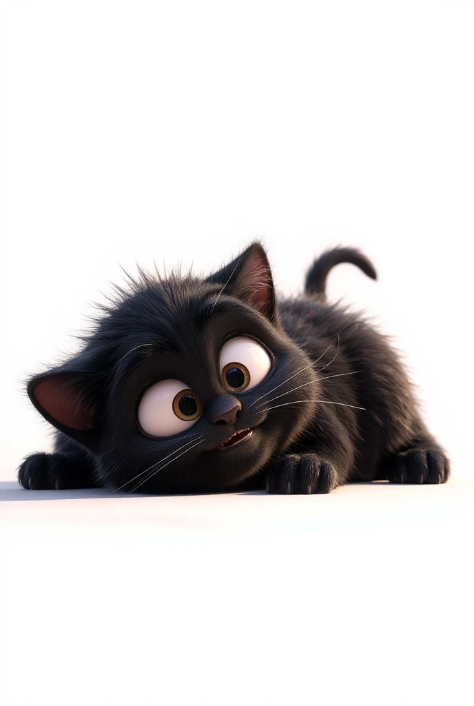 Image is a digital illustration featuring a cartoon-style black kitten with exaggerated features. The kitten has large, round eyes with prominent white sclera and small black pupils, giving it a playful and curious expression. Its fur is fluffy and texture...