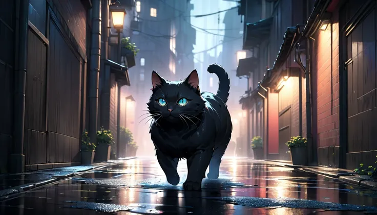 A chubby, large black cat walking in a dark alley at night, anime style, (best quality,4k,8k,highres,masterpiece:1.2),ultra-detailed,(realistic,photorealistic,photo-realistic:1.37),extremely detailed fur, detailed face and eyes, detailed whiskers, detailed...