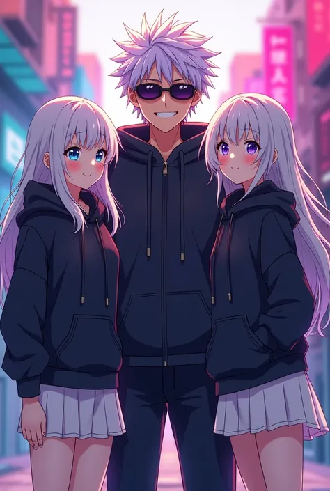 Satoru Gojo, Jujutsu Kaisen, detailed blue eyes, sunglasses, he is smiling with light blush ,vibrant colors, white hair with purple shading, black,2 people, (couple boy and girl) girl has lobg white hair , light blue eyes , is wearing an oversized balck ho...