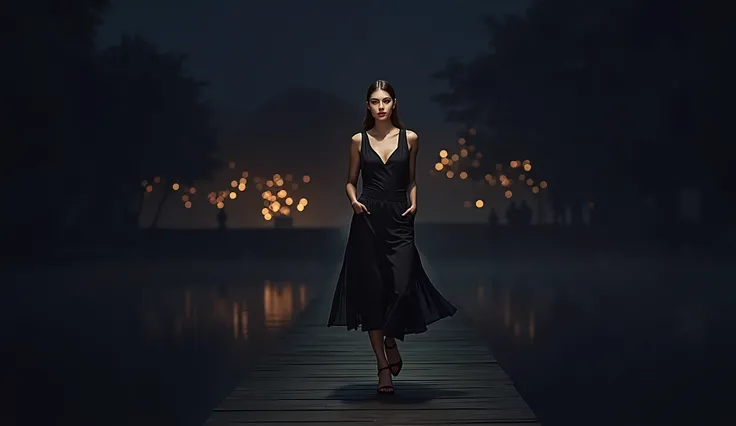  A stunning female model walks on the catwalk, Chanel Big Show ，Sophisticated and elegant clothing， Chanels style .  The scene is set on the West Lake side of Hangzhou , Water mist， Melancholy warm lighting ,  Bokeh lights shining in the background ,  Emph...