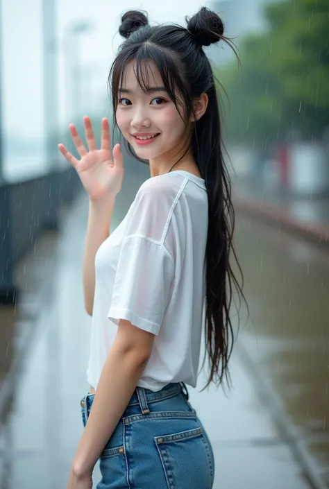 Realistic image, high quality, Japanese teenager, long silky hair tied with two buns on top of her head, angelic face, the girls build is slim, the bust is large and soft, tall and slender stature, she is wearing jeans, on top she is wearing a white t-shir...