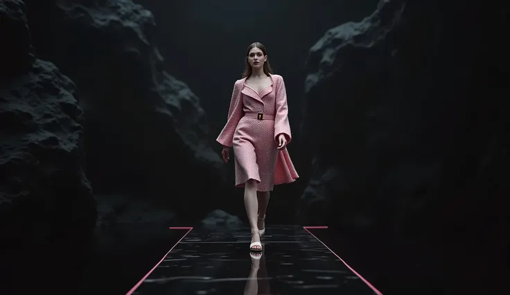 Chanel show ，outdoor，Light pink and black live arrangement，Pink Walkway ， The background is a black rocky mountain，的Chanel show 服饰， A beautiful model is on the catwalk ，Chanel fall costumes