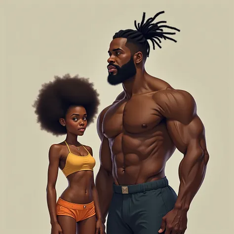 Very short black girl with afro and wearing a bum short standing next to big buff black man with mini dreads no beard on the big buff black man

